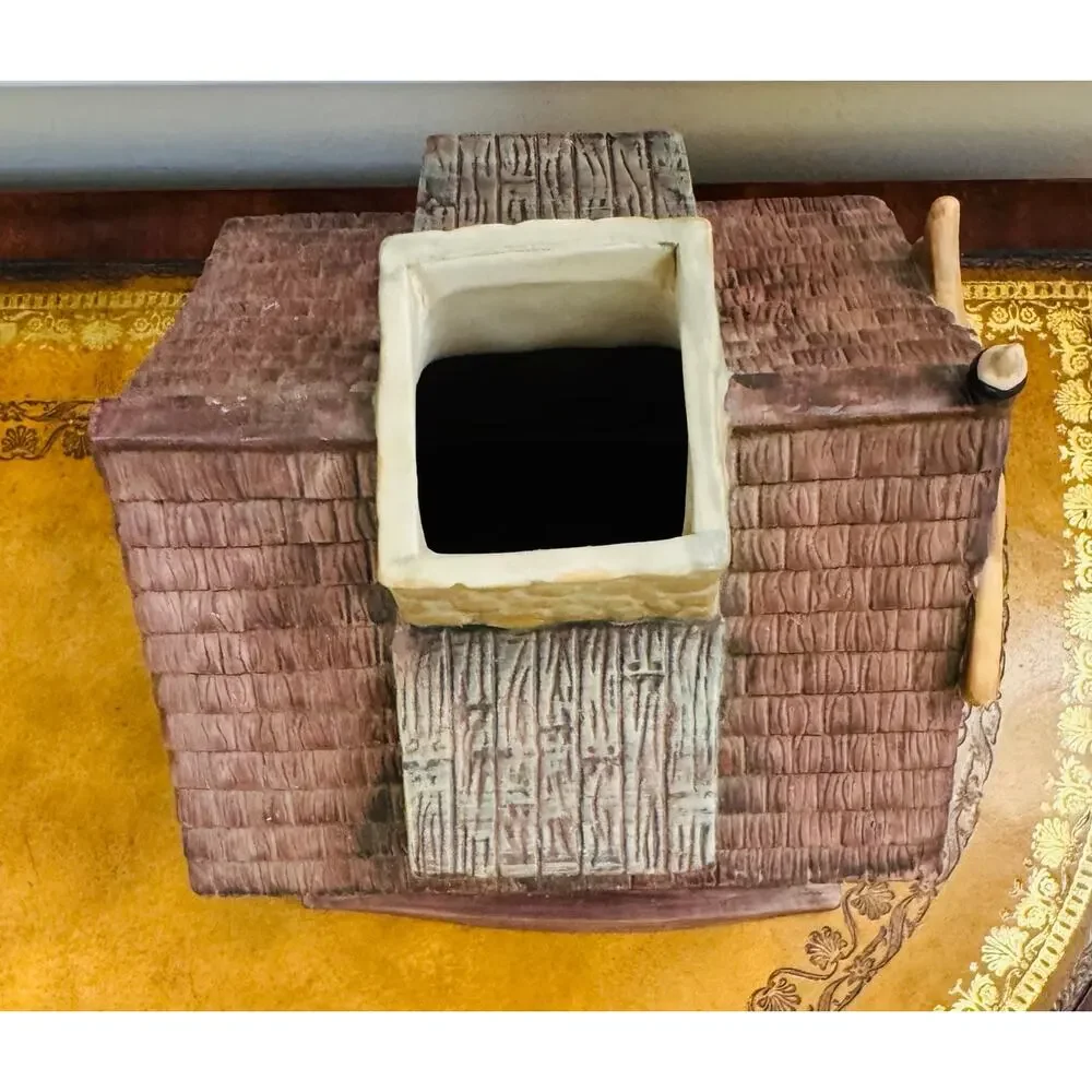 GONE FISHING Ceramic Log Cabin Tissue Paper Holder Rustic Fisherman Rare